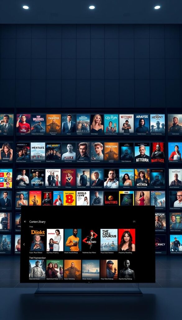 A massive digital library, the Hoxtoon IPTV Content Library showcases a vast array of entertainment options. In the foreground, a sleek, minimalist interface displays a curated selection of movies, TV shows, and live channels, all readily accessible. The middle ground features vibrant, high-definition thumbnails, inviting the viewer to explore the diverse content. In the background, a subtle grid pattern and soft, ambient lighting create a sense of depth and sophistication, reflecting the Hoxtoon Provider brand's commitment to quality. The overall scene conveys a sense of endless possibilities, where the viewer can immerse themselves in a world of captivating entertainment.