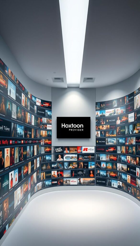 A massive library of Video-On-Demand (VOD) content displayed on a sleek, modern interface. In the foreground, rows of movie posters and TV show thumbnails arranged neatly, showcasing the vast selection offered by the "Hoxtoon Provider" brand. The middle ground features a clean, minimalist design with a focus on intuitive navigation, while the background subtly suggests a high-tech, cloud-based infrastructure powering the extensive VOD library. Soft, directional lighting illuminates the scene, creating a sense of depth and emphasizing the quality of the content. The overall atmosphere conveys a premium, professional media platform tailored for a discerning audience.