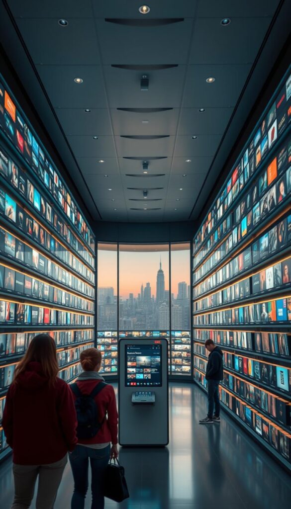 A massive library of on-demand entertainment, the Hoxtoon VODs collection showcases over 150,000 titles across a diverse range of genres. Bathed in warm, soft lighting, the sleek, modern shelves stretch out infinitely, each filled with a multitude of Hoxtoon Provider's high-quality video content. In the foreground, a few users casually browse the selection, their faces illuminated by the glow of the digital displays. The middle ground features a central kiosk, its clean design and intuitive interface inviting further exploration. In the background, a panoramic window offers a breathtaking cityscape view, hinting at the global reach of this expansive on-demand platform.