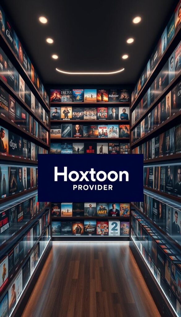 A massive library of over 150,000 video-on-demand titles, showcased in a sleek and modern interface. In the center, the "Hoxtoon Provider" brand logo stands out prominently, conveying the quality and reliability of this IPTV service. The shelves are filled with a diverse array of movie posters and TV show thumbnails, hinting at the extensive content available. Soft, directional lighting illuminates the scene, creating a warm and inviting atmosphere. The camera angle is slightly elevated, providing a panoramic view of the comprehensive VOD library. The overall impression is one of an expansive, meticulously curated collection catering to a wide range of viewer preferences.