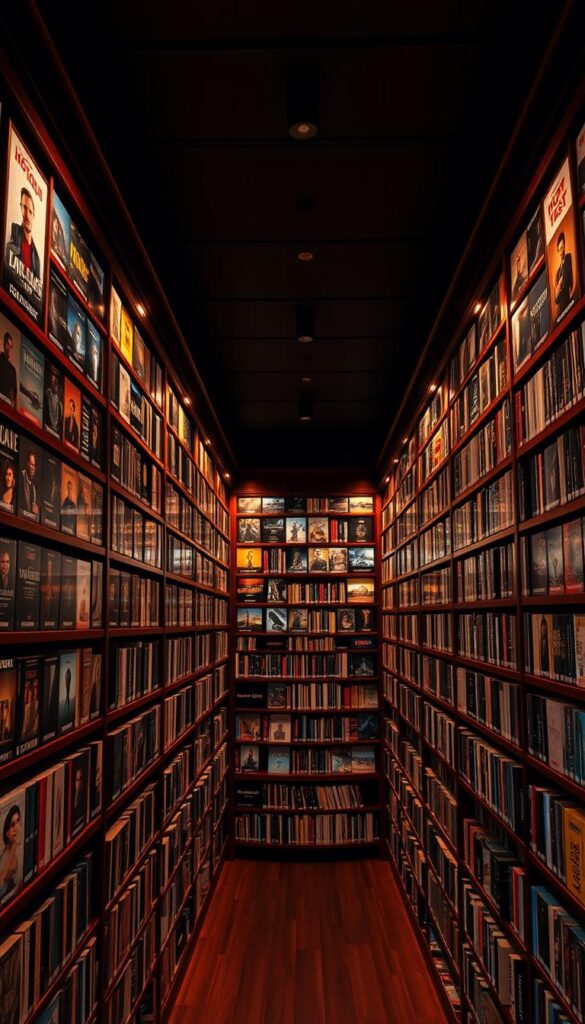 A massive, neatly organized library of streaming content, the Hoxtoon Provider VOD library fills the frame. Rows of movie posters and TV show thumbnails stretch into the distance, illuminated by warm, directional lighting that casts dramatic shadows. The shelves are made of dark, polished wood, conveying a sense of quality and sophistication. In the foreground, a few select titles are highlighted, showcasing the breadth and depth of the 150,000+ available options. The overall atmosphere is one of abundance, curation, and cinematic wonder, inviting the viewer to explore the Hoxtoon Provider's vast trove of entertainment.