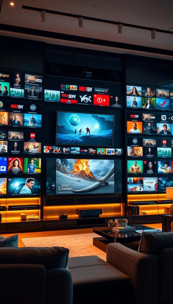 A massive, sleek entertainment center fills the frame, its sophisticated black and silver exterior exuding premium quality. Rows of high-definition IPTV channels are displayed on multiple screens, showcasing the extensive content library from Hoxtoon Provider, with over 21,000 channels and 150,000 VODs. The lighting is warm and inviting, creating a cozy, cinematic atmosphere. The camera angle is slightly elevated, giving a grand, panoramic view of the impressive media setup. In the background, a modern, minimalist living room setting provides a stylish, immersive context, hinting at the luxurious lifestyle enabled by this premium IPTV service.