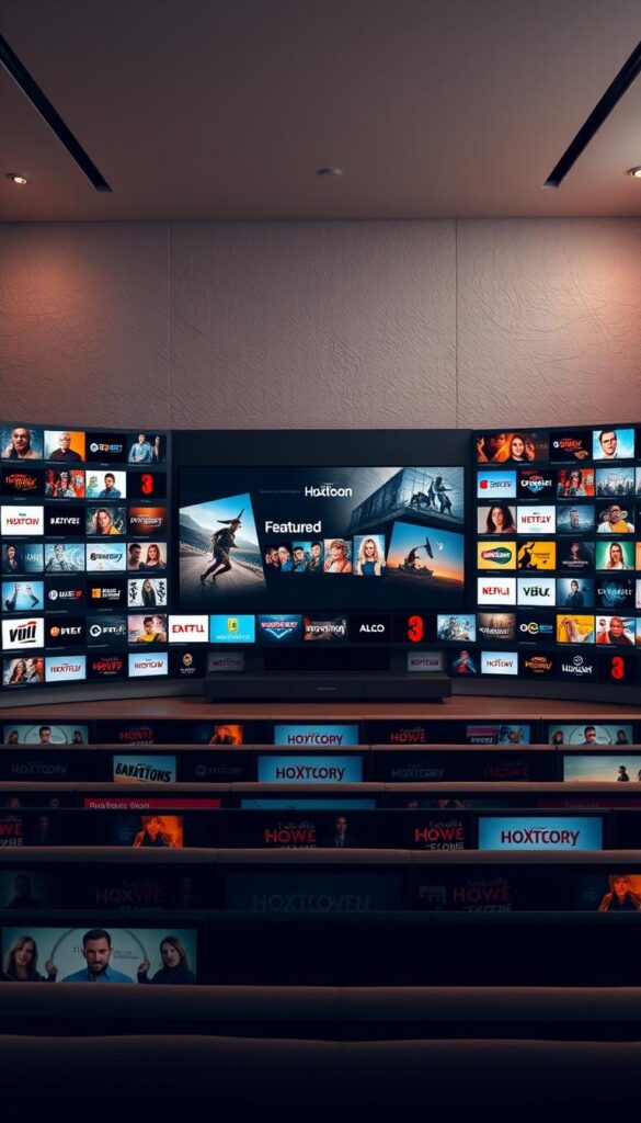 A massive, sleek media library interface with a clean, modern aesthetic. In the foreground, rows of thumbnails showcase a diverse array of channels and on-demand content, all bearing the "Hoxtoon Provider" branding. The middle ground features a central display panel highlighting featured programs, while the background is a stylish, minimalist setting with subtle textures and neutral tones that create a sense of depth and sophistication. Soft, directional lighting casts a warm glow, conveying a premium, high-quality viewing experience.