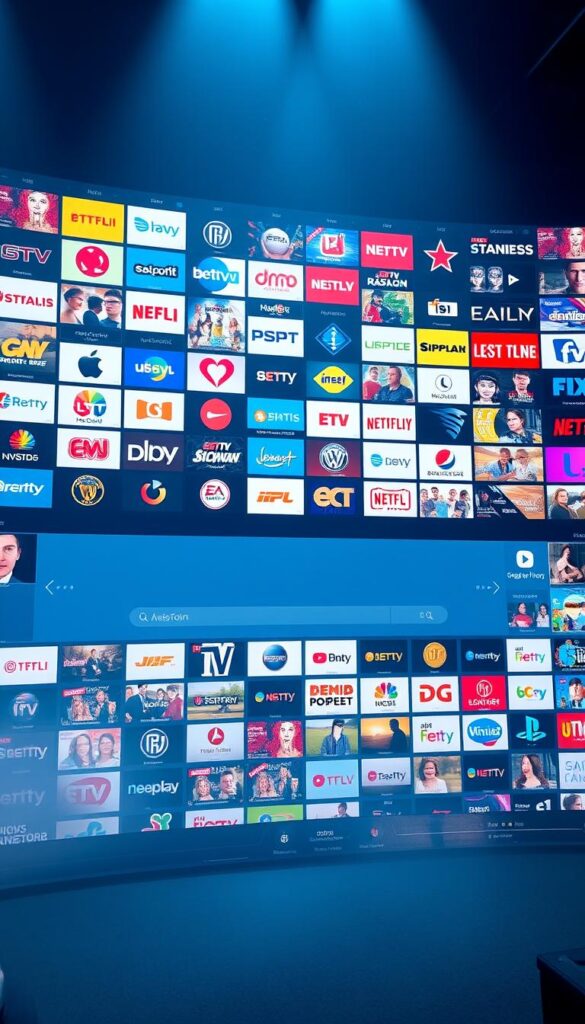 A massive, vibrant IPTV channel interface, showcasing Hoxtoon Provider's expansive content library. In the foreground, a grid of channel logos and thumbnails, each inviting the viewer to explore a diverse range of entertainment options. The middle ground features a sleek, minimalist user interface, with intuitive navigation controls and a search bar. In the background, a soft, atmospheric lighting creates a sense of depth and immersion, while subtle visual cues, such as signal strength indicators and network connectivity details, provide technical context. The overall scene conveys the seamless, high-quality experience that Hoxtoon Provider offers its users, ready to transport them into a world of boundless entertainment.