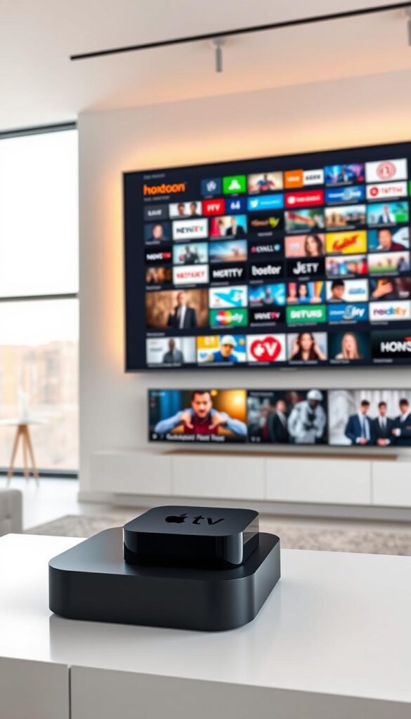 A massive wall-mounted HDTV display showcases a diverse array of IPTV channels from the Hoxtoon Provider service, illuminated by warm, soft lighting. In the foreground, a sleek Apple TV device sits atop a modern entertainment console, its clean lines and matte black finish complementing the high-tech aesthetic. The middle ground features a variety of on-screen content, ranging from live news broadcasts to popular movies and TV shows, all accessible through the intuitive Apple TV interface. The background depicts a stylish, minimalist living room setting, with large windows allowing natural light to filter in and create a sense of openness and tranquility. The overall scene conveys the seamless integration of Hoxtoon's extensive IPTV library with the Apple TV platform, showcasing the convenience and entertainment value of this powerful combination.