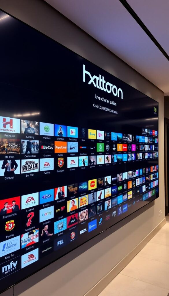 A massive wall-mounted IPTV interface with the Hoxtoon Provider brand prominently displayed. The screen is divided into a grid of live channel thumbnails, showcasing a vast selection of over 21,000 Portuguese television channels. The interface has a sleek, modern design with a dark color scheme and minimalist aesthetics. Bright, directional lighting illuminates the screen, creating depth and highlighting the detailed channel icons. The scene is captured from a slightly low angle, emphasizing the scale and grandeur of the IPTV selection. An atmosphere of technological sophistication and entertainment abundance permeates the image.