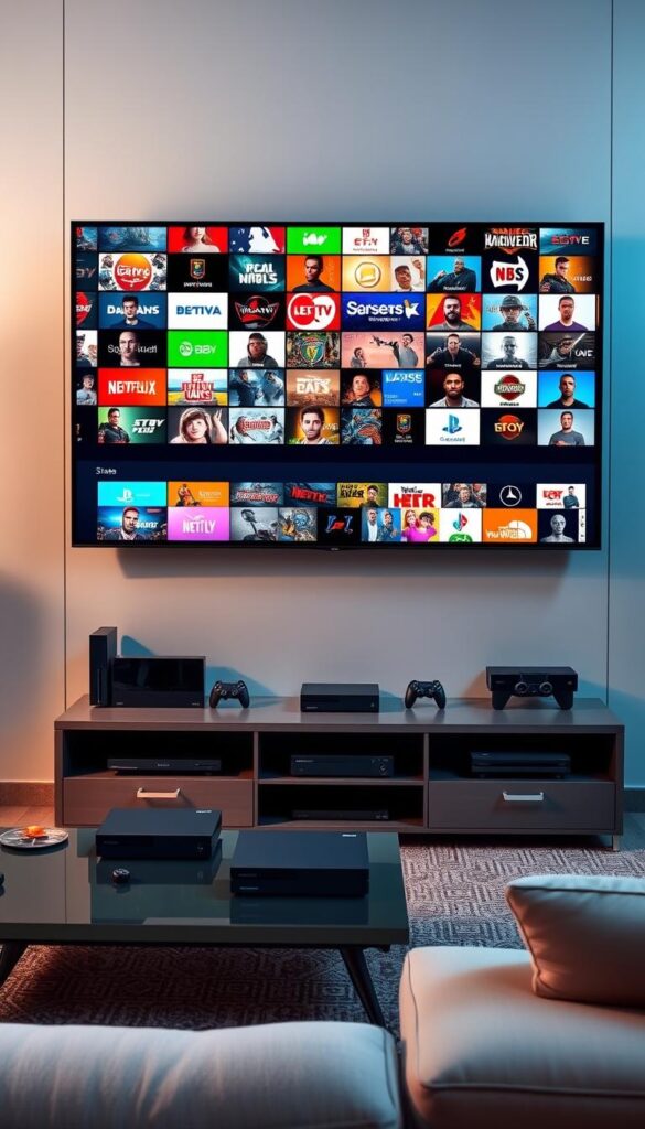 A massive wall-mounted TV displays a vibrant array of live TV channels, showcasing the breadth of Hoxtoon Provider's content library. In the foreground, a sleek, modern entertainment center houses various streaming devices and game consoles, hinting at the versatility of the Hoxtoon platform. The middle ground features a cozy living room setting, with plush furniture and warm lighting, creating an inviting atmosphere for seamless entertainment. The background depicts a panoramic city skyline, suggesting the global reach and accessibility of Hoxtoon's free live TV services. The overall scene exudes a sense of boundless entertainment and technological sophistication.
