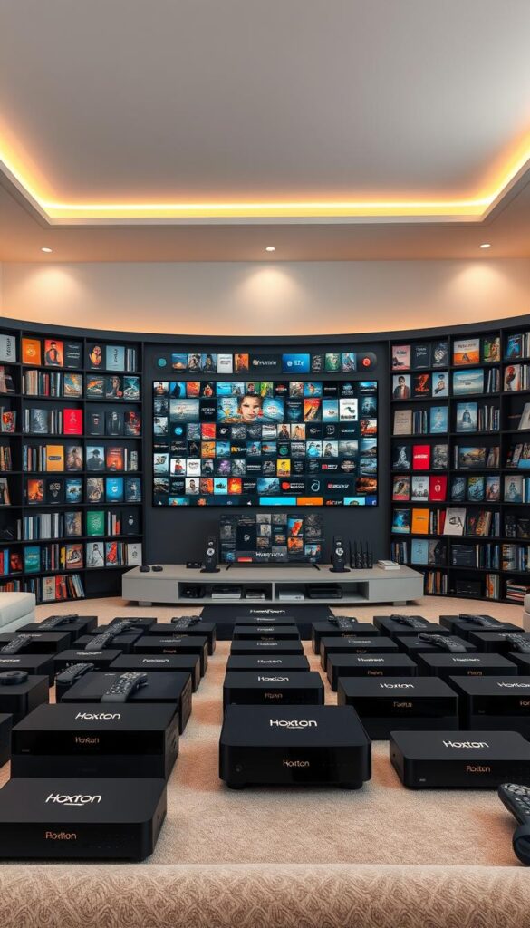 A massive, well-organized media library fills a modern, minimalist living room. In the foreground, rows of neatly arranged streaming devices and set-top boxes bear the "Hoxtoon Provider" brand name. The middle ground showcases a sleek, curved entertainment system displaying a vast collection of video-on-demand (VOD) titles, their covers and descriptions visible in high detail. The background features a large, high-resolution display panel showcasing a curated selection of the expansive 150,000+ VOD library, bathed in warm, cinematic lighting. The overall scene conveys a sense of sophistication, technology, and an unparalleled wealth of on-demand entertainment options.