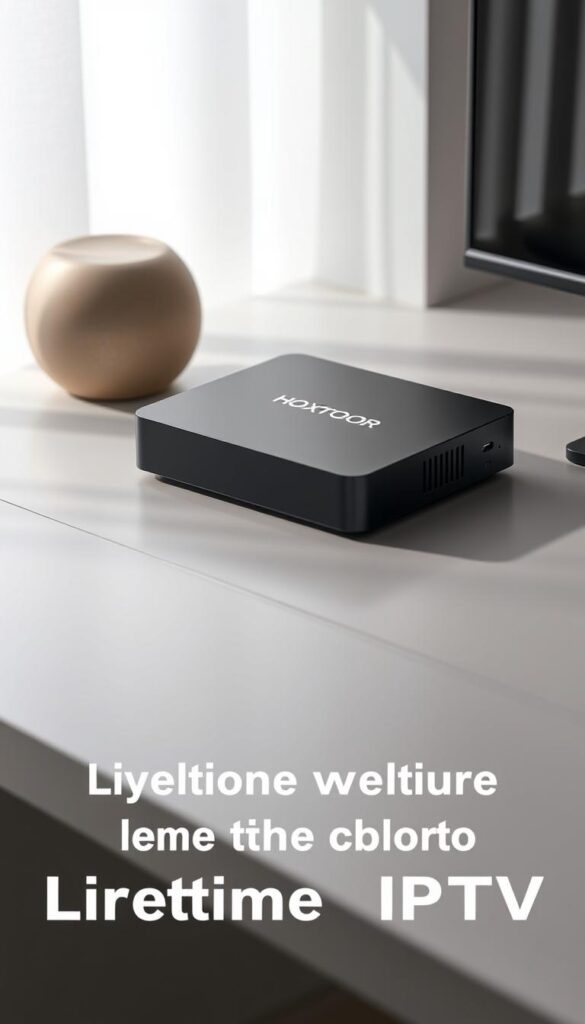 A minimalist, high-quality IPTV box with the Hoxtoon Provider brand, sitting on a sleek, modern desk. The device is rendered in muted tones, with a clean, uncluttered design that complements the surrounding environment. Soft, directional lighting casts subtle shadows, highlighting the box's tactile texture and premium materials. The scene conveys a sense of simplicity, functionality, and attention to detail, reflecting the reliability and value proposition of this lifetime IPTV solution for home use.