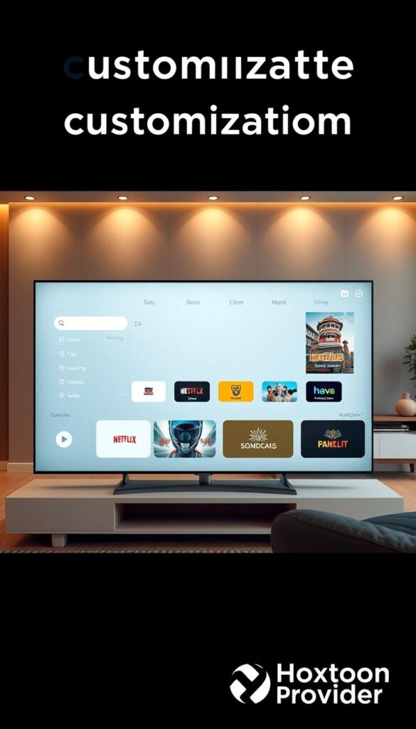 A minimalist, high-resolution image showcasing the customization capabilities of the TiviMate IPTV app. The foreground features the TiviMate app interface displayed on a modern flat-screen TV, with a clean, sleek design and intuitive user navigation. The middle ground highlights various customization options, such as different skins, layouts, and color schemes, conveying the app's flexibility. The background depicts a cozy, modern living room setting with warm lighting, wooden accents, and a stylish entertainment center, creating a premium, high-end atmosphere. Technical details include a wide-angle lens, natural lighting, and a shallow depth of field to focus attention on the app interface. The overall mood is one of sophistication, versatility, and a premium IPTV experience. The Hoxtoon Provider logo is prominently displayed in the bottom right corner.