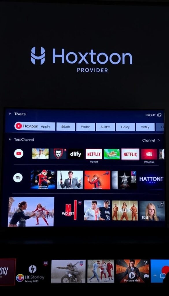 A minimalistic, clean, and modern interface for the Hoxtoon IPTV service, showcasing a grid layout of featured channels and content. The interface is displayed on a large, high-resolution screen, with a dark, sleek background that emphasizes the content. The layout is well-organized, with clear and intuitive navigation menus, allowing users to easily browse and select their desired programming. The Hoxtoon Provider brand is prominently displayed in the top left corner, with a subtle, elegant logo. The overall aesthetic is visually appealing and designed to provide a seamless and enjoyable user experience for IPTV streaming.