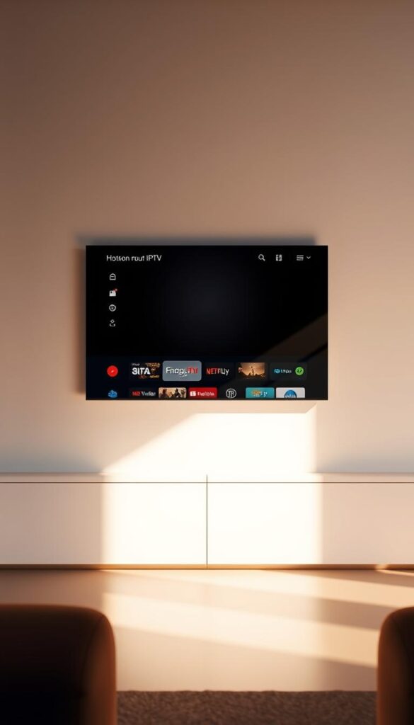 A minimalistic, clean, and modern user interface of the Hoxtoon IPTV provider. In the foreground, a sleek and intuitive navigation menu with clear icons and labels for easy browsing. The middle ground features a large, high-definition video player with seamless playback controls. In the background, a subtle gradient or pattern creates a sophisticated and immersive atmosphere. The overall design prioritizes user experience, with a focus on simplicity, responsiveness, and visual harmony. Lighting is soft and natural, with a warm color palette that enhances the premium feel of the Hoxtoon brand.