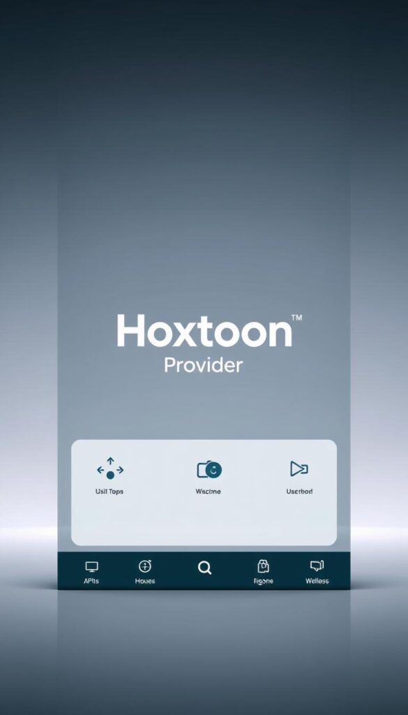 A minimalistic, user-friendly IPTV app interface for Android. In the center, the Hoxtoon Provider logo stands out prominently against a clean, uncluttered background. The app's main menu is displayed, featuring intuitive icons and a simple navigation layout. Soft lighting accentuates the sleek, modern design, creating a visually appealing and easy-to-use experience. The overall mood is one of sophistication and efficiency, showcasing the app's high-performance capabilities and seamless user experience.