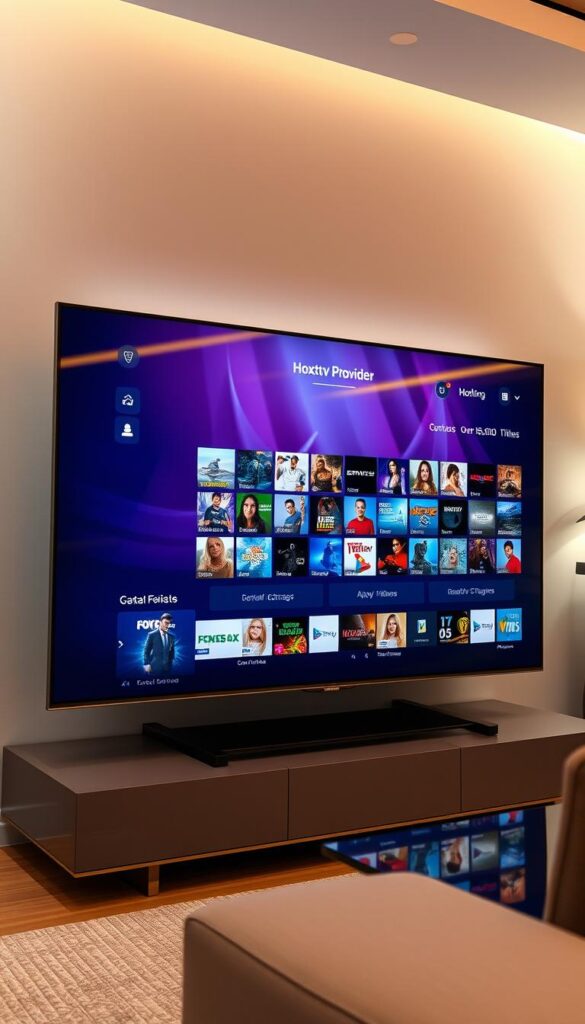 A modern and immersive iptv streaming service interface displayed on a sleek, high-resolution television screen. The screen showcases the Hoxtoon Provider's vast on-demand video library of over 150,000 titles, with a clean and intuitive navigation menu. Soft, ambient lighting illuminates the scene, creating a cozy and inviting atmosphere. The television's glossy, minimalist design blends seamlessly with the contemporary living room setting. The overall composition conveys a sense of convenience, entertainment, and effortless access to a vast world of on-demand content.