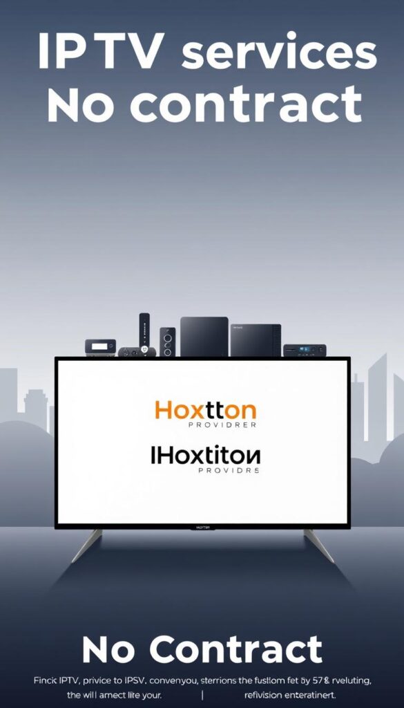 A modern and minimalist illustration of IPTV services with no contract. In the foreground, a sleek and minimalist television set displays the Hoxtoon Provider logo, representing the IPTV service. The middle ground features various streaming device icons, symbolizing the flexibility and accessibility of IPTV. The background showcases a minimalist cityscape, hinting at the global reach and technological advancements that enable IPTV services. The overall scene conveys a sense of convenience, freedom, and the evolution of television entertainment, in line with the article's subject and section title.