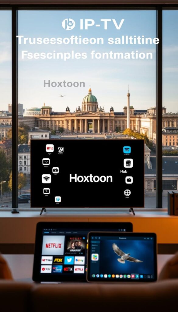 A modern and minimalist image of an IPTV subscription service for German television. In the foreground, a sleek smart TV displays the Hoxtoon Provider logo, surrounded by various streaming device icons. The middle ground features a laptop or tablet, showcasing the user-friendly Hoxtoon interface with seamless navigation and a diverse channel selection. In the background, a cityscape of German landmarks, such as the Reichstag building or the Brandenburg Gate, creates a sense of place. The overall scene is illuminated by warm, natural lighting, conveying a sense of reliability and accessibility for German viewers seeking a comprehensive IPTV solution.