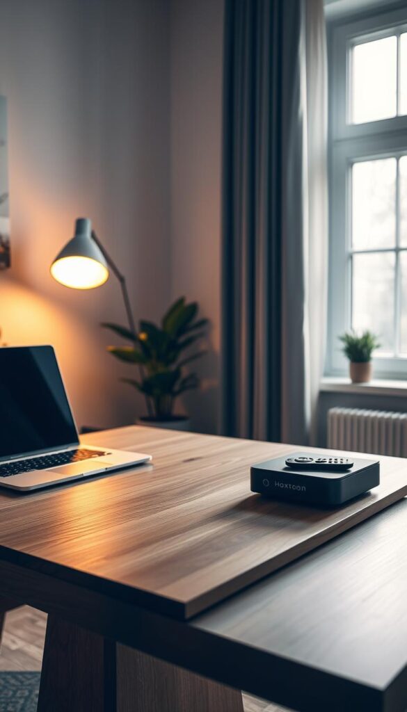 A modern and minimalist setup guide for Hoxtoon IPTV service in Germany. The scene depicts a well-lit home office, with a laptop, remote control, and a sleek IPTV set-top box prominently displayed on a stylish wooden desk. Soft, warm lighting filters through a large window, creating a cozy and inviting atmosphere. In the background, subtle technology-inspired patterns and textures evoke the digital nature of the IPTV service. The overall composition and color palette convey a sense of professionalism, ease, and reliability associated with the Hoxtoon IPTV provider.