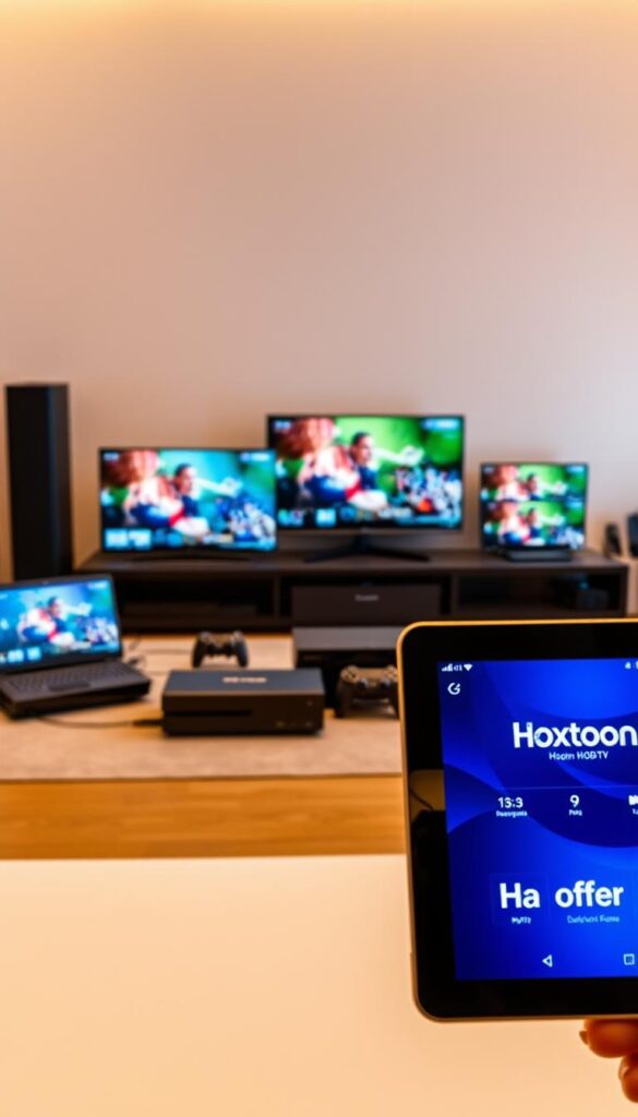 A modern and reliable IPTV service with the Hoxtoon Provider brand name. Multiple devices simultaneously streaming high-quality video content across a sleek and intuitive user interface. The foreground showcases a tablet or smartphone displaying the Hoxtoon service, with crisp, vibrant visuals. In the middle ground, various other devices such as smart TVs, laptops, and gaming consoles are arranged, all connected and streaming seamlessly. The background features a minimalist, clean setup with subtle technological elements, conveying a sense of efficiency and dependability. Warm lighting illuminates the scene, creating a pleasant and inviting atmosphere. The overall composition emphasizes the multi-device capabilities and reliable performance of the Hoxtoon IPTV service.