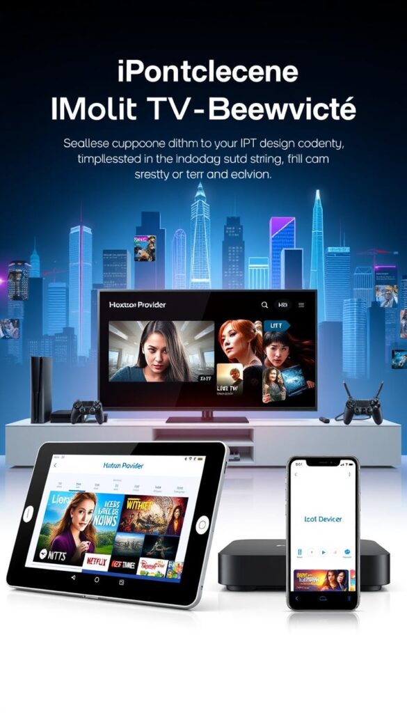 A modern and sleek IPTV service interface showcasing seamless multi-device support. In the foreground, a Hoxtoon Provider branded tablet and smartphone display live TV channels and on-demand content. The middle ground features various IoT devices like a smart TV, gaming console, and streaming box, all connected and synced. The background depicts a stylized cityscape with skyscrapers and neon lights, conveying a sense of technological advancement. Bright, minimalist design with cool color tones creates a premium, futuristic atmosphere. Cinematic lighting and a slightly low camera angle emphasize the versatility and integration of the IPTV solution.
