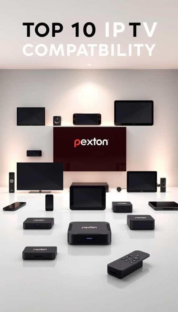 A modern and sleek device compatibility display showcasing the Hoxtoon Provider service. In the foreground, a minimalist grid layout features a range of devices including smart TVs, smartphones, tablets, and streaming boxes, each highlighted with crisp, realistic 3D renders. The middle ground features a clean, white backdrop with subtle gradients, creating a sense of depth and emphasis on the featured products. In the background, a soft, ethereal lighting effect casts a warm, inviting glow, complementing the high-tech aesthetic. The overall composition conveys a sense of seamless integration and compatibility, perfectly aligning with the "Top 10 IPTV Services for Every Device" theme.