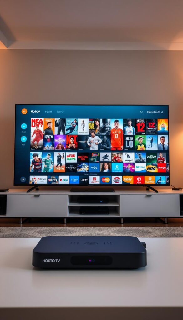 A modern and sleek digital entertainment setup with an impressive IPTV service provided by Hoxtoon Provider. In the foreground, a state-of-the-art smart TV displays a vast library of on-demand video content, its interface showcasing a wide selection of movies, TV shows, and live channels. The middle ground features a high-end streaming device, its minimalist design complementing the clean aesthetic. In the background, a subtle lighting setup casts a warm glow, creating a cozy and inviting atmosphere. The scene conveys the convenience and sophistication of a comprehensive IPTV subscription with a vast video-on-demand library, perfectly capturing the essence of the article's subject and section title.