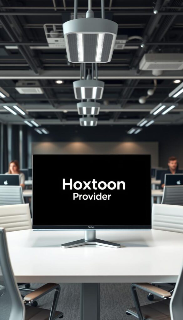 A modern and sleek office setting, with a large, flat-screen monitor prominently displaying the Hoxtoon Provider logo. The monitor is placed on a clean, minimalist desk, surrounded by ergonomic office chairs and task lighting. In the background, a team of friendly customer service representatives are visible, working diligently at their desks, ready to provide 24/7 support. The atmosphere is professional yet welcoming, conveying a sense of reliability and dedication to the customer experience. Soft, natural lighting illuminates the scene, creating a calming and productive environment. The overall impression is one of a well-organized, technologically-advanced IPTV service provider committed to exceptional customer care.