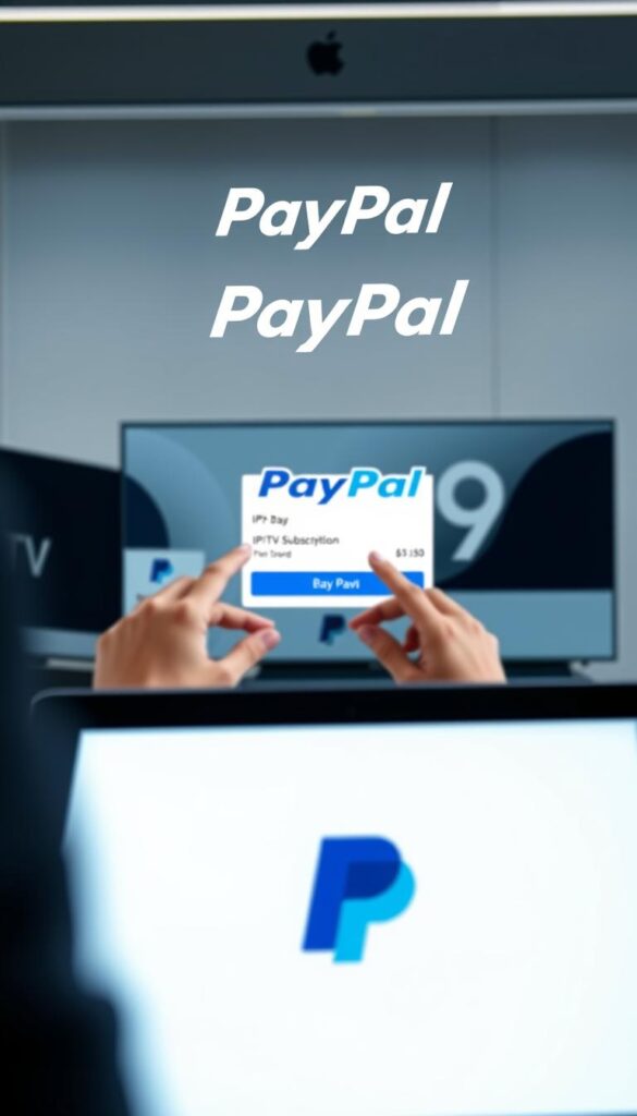 A modern digital payment interface with the PayPal logo prominently displayed, showcasing a seamless transaction process for an IPTV lifetime subscription. The scene features a laptop or tablet screen in the foreground, with the Hoxtoon Provider brand name visible. The middle ground depicts hands interacting with the payment flow, while the background suggests a professional, tech-savvy environment with clean lines and muted colors. The overall mood is one of efficiency, security, and trust in the digital payment experience.