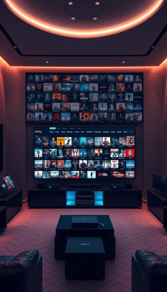 A modern, high-tech entertainment hub showcasing the expansive on-demand library of the Hoxtoon Provider IPTV service. A sleek, minimalist setup with a large, ultra-high-definition display at the center, surrounded by state-of-the-art media equipment and ambient mood lighting. Hundreds of movie, TV, and original content thumbnails populate the screen, hinting at the vast 150,000+ video-on-demand options available. The scene is captured with a wide-angle lens, creating a sense of depth and grandeur, while soft, diffused lighting imbues the space with a sophisticated, cinematic atmosphere.