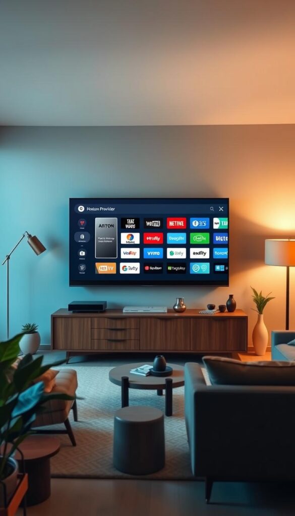 A modern living room interior with a large, sleek Google TV device prominently displayed on a media cabinet. On the screen, various IPTV app icons are visible, such as Hoxtoon Provider, showcasing the device's multi-device support capabilities. Soft, diffused lighting from floor and table lamps creates a warm, inviting atmosphere. The room is stylishly furnished with mid-century modern furniture, complemented by lush houseplants and minimalist decor, conveying a sense of elegant simplicity.