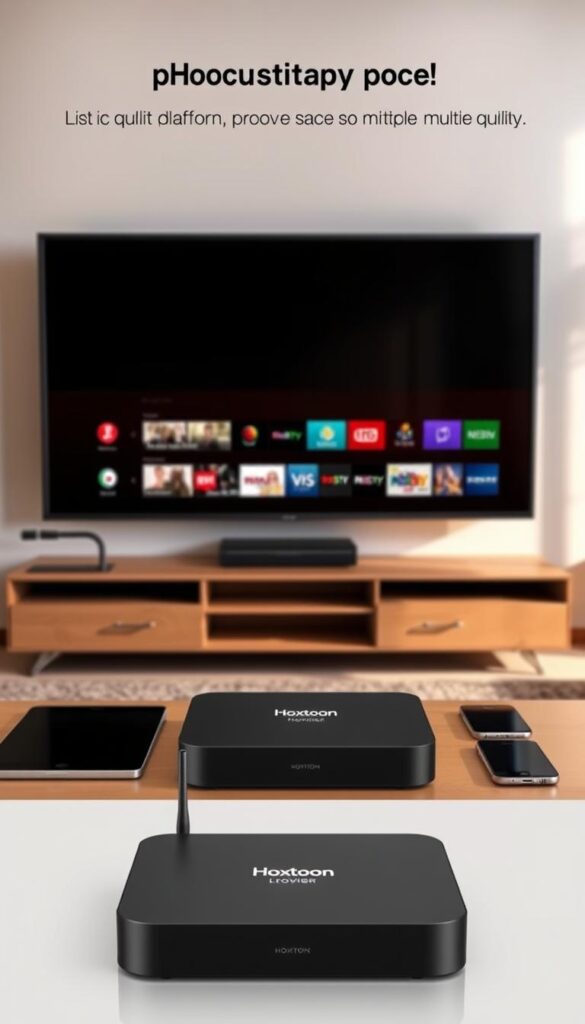 A modern living room setting with a large, flat-screen television prominently displayed. In the foreground, a sleek, black IPTV streaming device labeled "Hoxtoon Provider" is connected to the TV, showcasing its multi-device support capabilities. The room is bathed in warm, diffused lighting, creating a cozy and inviting atmosphere. On the coffee table in front of the TV, various electronic devices, such as smartphones and tablets, are arranged, emphasizing the seamless cross-platform integration of the Hoxtoon IPTV service. The overall scene conveys a sense of convenience, accessibility, and the ability to enjoy high-quality IPTV content on multiple devices simultaneously.