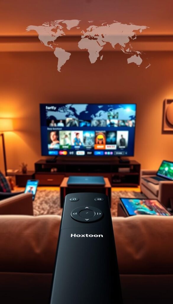 A modern living room with a large flat-screen TV at the center, surrounded by various digital devices - a smartphone, a tablet, a laptop, and a streaming box, all connected and synchronizing seamlessly. The room is bathed in warm, ambient lighting, creating a cozy and immersive atmosphere. In the foreground, a sleek, black remote control with the "Hoxtoon Provider" logo prominently displayed, hinting at the powerful and versatile IPTV service that powers the multi-device streaming experience. The middle ground showcases the diverse array of content available, from live sports to on-demand movies, all accessible across the connected devices. The background features a stylized world map, symbolizing the global reach and content availability of the Hoxtoon IPTV service.