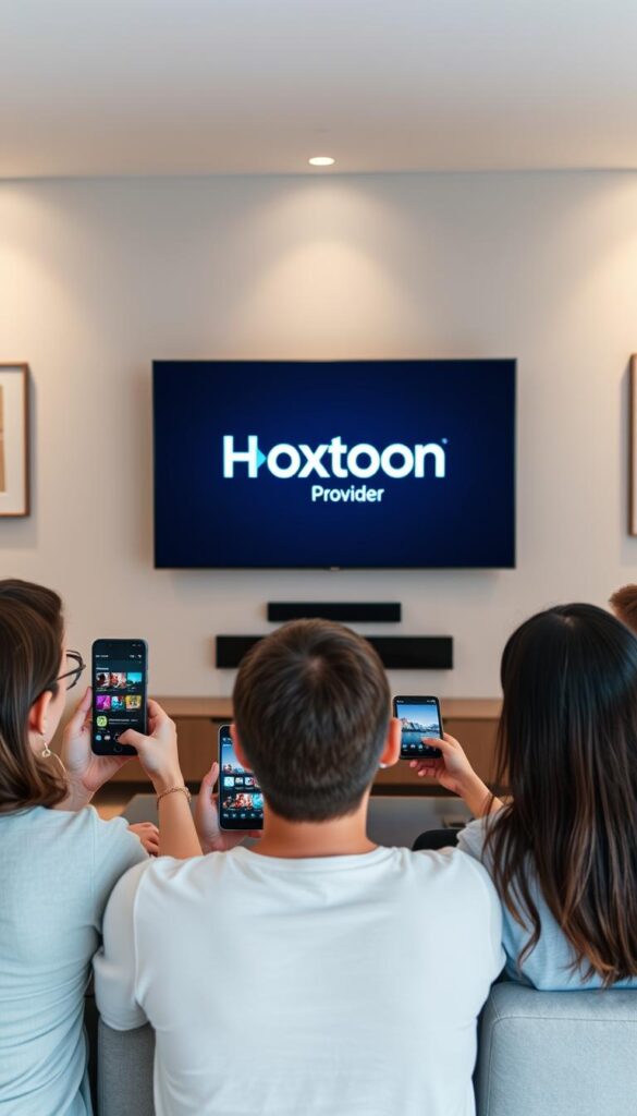 A modern living room with a large flat-screen TV mounted on the wall, displaying the Hoxtoon Provider logo. In the foreground, a group of people of various ages are gathered, each holding a different device - a smartphone, a tablet, and a remote control. The room is well-lit, with soft, warm lighting creating a cozy and inviting atmosphere. The walls are decorated with minimalist art pieces, and the furniture is sleek and contemporary. The overall scene conveys a sense of connectivity, comfort, and the ability to enjoy Hoxtoon's IPTV services across multiple devices simultaneously.