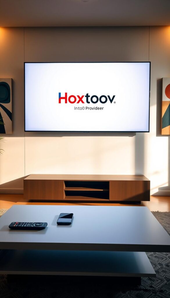 A modern living room with a large flat-screen TV prominently displayed. The TV screen shows the Hoxtoon Provider logo, indicating an IPTV subscription service. In the foreground, a sleek, minimalist coffee table with a remote control and a smartphone, symbolizing the convenience of on-demand entertainment. The room is bathed in warm, natural lighting filtering through large windows, creating a cozy and inviting atmosphere. The walls are adorned with modern, abstract art pieces, complementing the contemporary design. The overall scene conveys the evolution of television viewing in Malaysia, where IPTV services like Hoxtoon Provider are revolutionizing the way people consume content.
