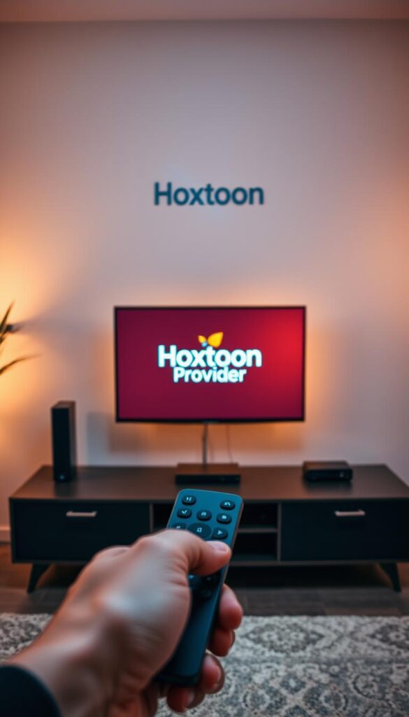 A modern living room with a smart TV on a sleek TV stand. On the screen, the Hoxtoon Provider logo is prominently displayed, inviting the viewer to explore IPTV services for their smart TV. The room is bathed in warm, diffused lighting, creating a cozy and inviting atmosphere. In the foreground, a hand holds a remote control, symbolizing the ease of setting up and accessing the IPTV service. The background features minimalist decor, emphasizing the focus on the smart TV and the Hoxtoon Provider brand.