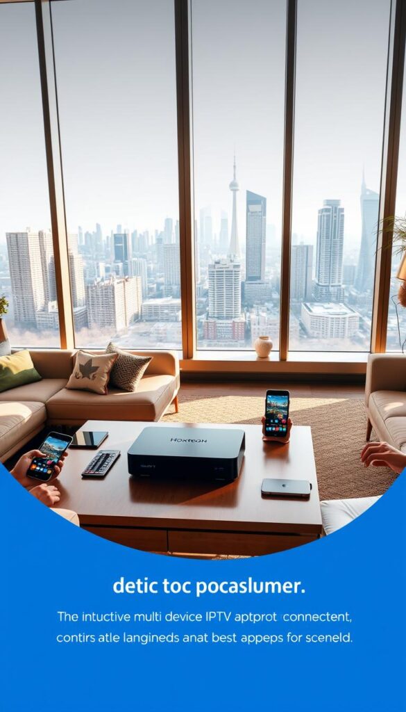 A modern living room with sleek, minimalist furniture and large windows overlooking a city skyline. On the coffee table, a Hoxtoon Provider IPTV box is prominently displayed, surrounded by various devices like smartphones, tablets, and a laptop, all seamlessly connected and sharing content. The room is bathed in warm, natural lighting, creating a cozy and inviting atmosphere. The devices showcase intuitive multi-device support, with content seamlessly transitioning between screens. The overall scene conveys the convenience and flexibility of the Hoxtoon Provider IPTV solution, catering to the diverse viewing needs of a tech-savvy household.