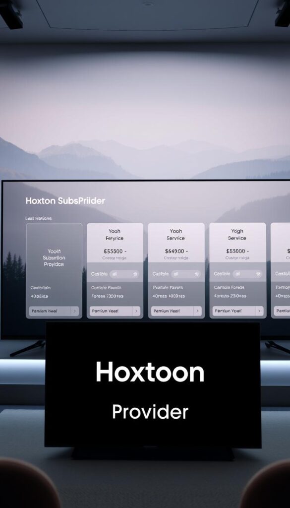 A modern, minimalist Scandinavian IPTV service interface. In the foreground, the "Hoxtoon Provider" brand name is prominently displayed on a sleek, Nordic-inspired user interface. The middle ground showcases a clean grid of customizable subscription plans, each with a simple, typographic layout and clear pricing details. The background features a serene, muted palette of natural Scandinavian landscapes - rolling hills, dense forests, and fjords. Soft, diffused lighting creates a calming, premium atmosphere. The overall design exudes a sense of sophisticated simplicity, reflecting the functional yet elegant nature of the Nordic aesthetic.