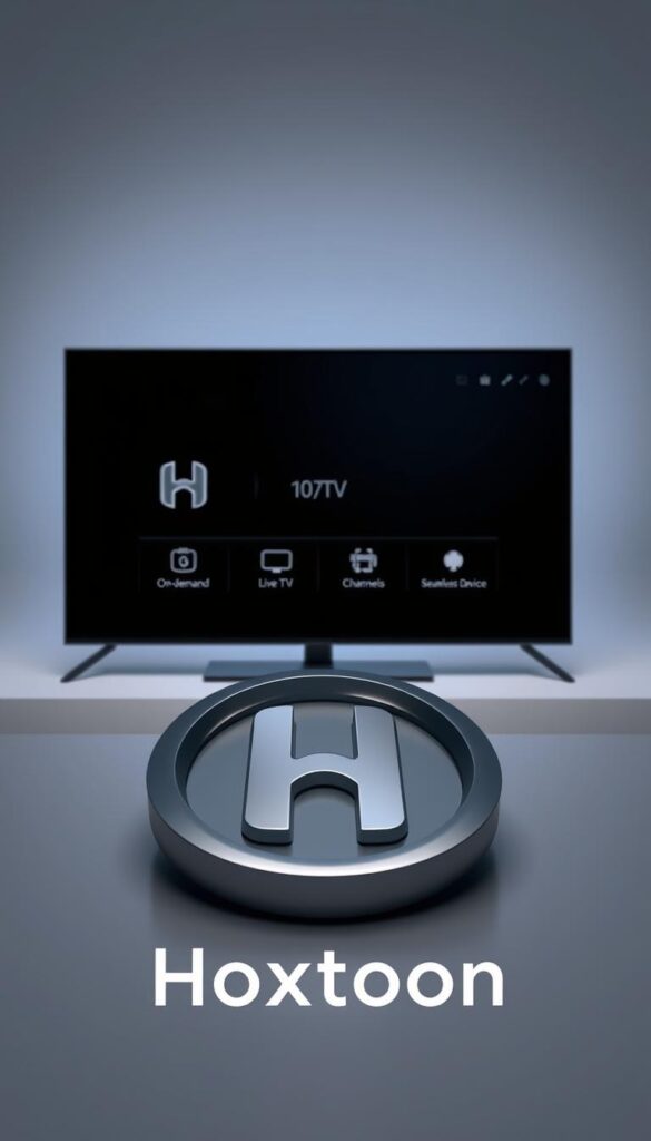 A modern, minimalist design showcasing the Hoxtoon Provider logo and key features of a no-contract IPTV service. In the foreground, a sleek, metallic Hoxtoon emblem gleams under crisp, directional lighting, conveying a sense of premium quality. The middle ground features a clean, uncluttered interface with intuitive icons representing on-demand content, live TV channels, and seamless device compatibility. The background maintains a subtle, gradient-based color scheme, creating a sophisticated, high-tech ambiance. The overall composition communicates the reliability, flexibility, and user-friendly experience of the Hoxtoon Provider's no-commitment IPTV offering.