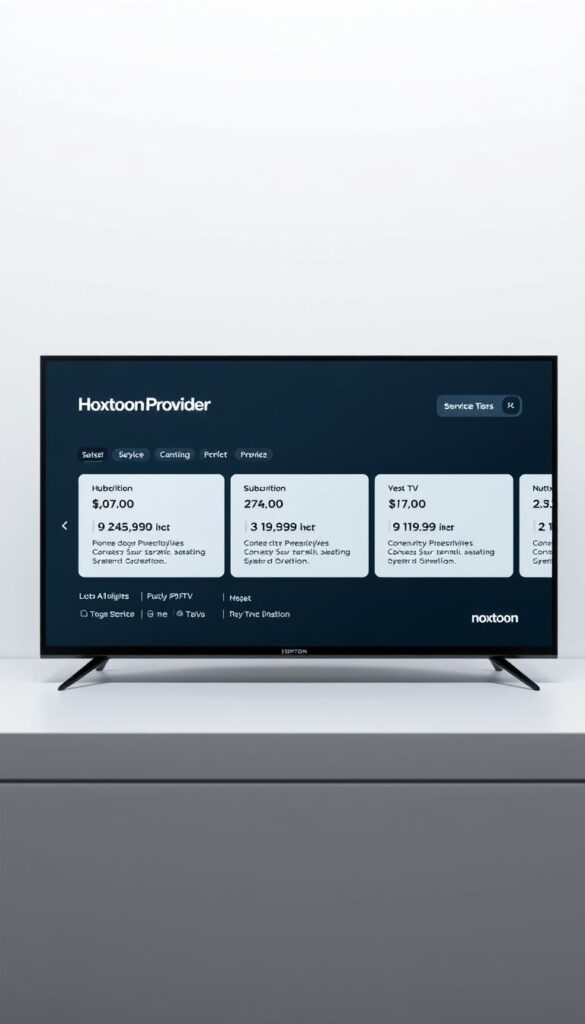 A modern, minimalist digital device display showing the Hoxtoon Provider IPTV subscription package. The display has a clean, sleek interface with bold, legible typography showcasing the various service tiers, pricing, and feature highlights. The background is a soft, muted gradient, placing the focus on the subscription details. Subtle lighting and shadows add depth and a sense of premium quality. The overall composition conveys a high-value, cost-effective IPTV solution.