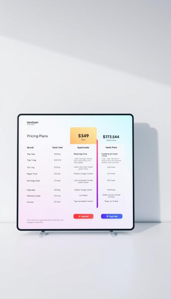 A modern, minimalist digital interface showcasing the Hoxtoon Provider pricing plans. The foreground features a clean, grid-based layout with clearly delineated plan tiers, highlighted by vibrant yet subdued accent colors. The middle ground presents detailed plan specifications and features in a sleek, easy-to-read format. The background maintains a subtle, gradient-based composition, allowing the pricing information to take center stage. Soft, directional lighting casts a professional, authoritative tone, while a slightly low camera angle conveys a sense of sophistication and value. The overall aesthetic is one of sophisticated simplicity, reflecting the Hoxtoon Provider brand identity.