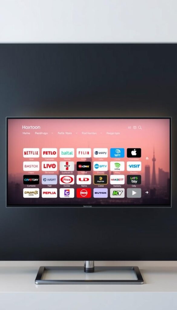 A modern, minimalist digital interface showcasing the comprehensive channel selection of the Hoxtoon IPTV provider. In the foreground, a sleek, intuitive on-screen display features a grid of channel logos, neatly organized and presented against a muted, gradient background. The middle ground features a subtle, blurred landscape of cityscape silhouettes, conveying a sense of connectivity and urban vibrancy. The background is bathed in a warm, diffused lighting, creating a welcoming, premium atmosphere. The overall composition emphasizes the breadth and quality of Hoxtoon's channel offerings, inviting the viewer to explore the diverse programming available.