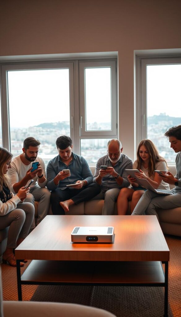 A modern, minimalist home interior with large windows. In the foreground, a group of people of various ages are gathered around a coffee table, each using a different device - a smartphone, a tablet, and a laptop. They are intently focused on their screens, watching streaming content. On the coffee table, a Hoxtoon Provider streaming box is prominently displayed. In the middle ground, the room is bathed in warm, diffused lighting, creating a cozy and inviting atmosphere. In the background, through the windows, a cityscape of Lisbon is visible, hinting at the Portuguese setting. The overall scene conveys the idea of IPTV streaming on multiple devices, with the Hoxtoon Provider as the central hub.