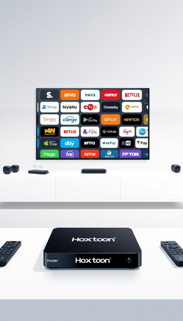 A modern, minimalist illustration depicting an IPTV setup. In the foreground, a sleek black set-top box prominently displays the "Hoxtoon Provider" logo. The box is situated on a clean, white surface, surrounded by remote controls and streaming devices. In the middle ground, a large, high-definition television screen shows a diverse array of IPTV channel logos, representing the wide selection of content available. The background features a subtle gradient, creating a sense of depth and emphasizing the digital, technological nature of the scene. The overall composition is well-balanced, with a focus on showcasing the key components of an IPTV system in a visually appealing and informative manner.