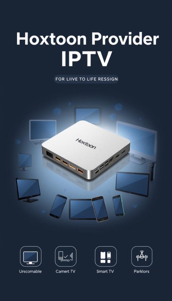 A modern, minimalist illustration of the Hoxtoon Provider IPTV lifetime deal. A sleek, metallic device with multiple device connection ports takes center stage, surrounded by a collage of compatible devices like smart TVs, tablets, and smartphones. The background features a subtle pattern of geometric shapes in shades of blue, conveying a sense of technology and connectivity. Soft, directional lighting creates depth and highlights the device's premium design. The overall tone is professional, elegant, and visually appealing, reflecting the reliability and versatility of the Hoxtoon Provider IPTV lifetime service.