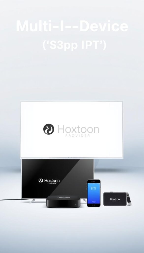 A modern, minimalist illustration of the Hoxtoon Provider multi-device IPTV support. In the foreground, a sleek, silver smart TV set displays the Hoxtoon Provider logo against a clean white backdrop. Beside it, various smart devices - a smartphone, tablet, and streaming box - are neatly arranged, all connected to the Hoxtoon IPTV service. The middle ground features subtle, muted gradients in shades of blue and gray, creating a sense of depth and technology. The background is a soft, hazy light, emphasizing the seamless integration and versatility of the Hoxtoon Provider platform across multiple devices.