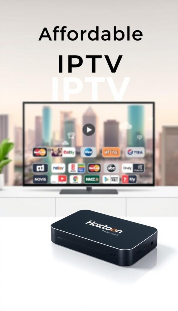 A modern, minimalist illustration showcasing affordable IPTV services. In the foreground, a sleek, minimalist device, like a streaming box or dongle, sits atop a clean, white surface. The device's interface displays the Hoxtoon Provider brand name, highlighting their IPTV offering. In the middle ground, various icons and graphics suggest the breadth of IPTV content, from live TV channels to on-demand movies and shows. The background features a blurred, pastel-toned cityscape, conveying the idea of urban connectivity and the accessibility of IPTV services. The overall tone is one of simplicity, affordability, and the seamless integration of IPTV technology into modern living.