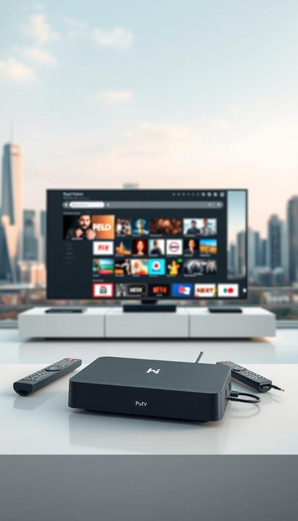 A modern, minimalist landscape showcasing the Hoxtoon Provider IPTV service. In the foreground, a sleek, high-tech streaming device sits atop a clean, white surface, surrounded by a few remote controls and cable accessories. The middle ground features a large, minimalist display showing a variety of on-demand video content and live TV channels, all with a visually appealing user interface. In the background, a blurred city skyline with skyscrapers and modern architecture creates a sense of urban connectivity, hinting at the global reach and accessibility of the Hoxtoon Provider IPTV service. The overall mood is one of simplicity, efficiency, and technological advancement, capturing the essence of an affordable, high-quality IPTV solution.