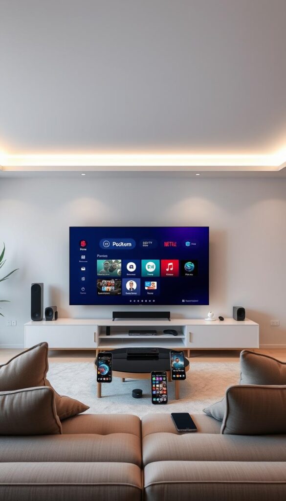 A modern, minimalist living room with a large flatscreen TV displaying the Hoxtoon Provider IPTV interface. Several smartphones, tablets, and a laptop are positioned around the room, showcasing the multi-device viewing capabilities of the IPTV service. Soft, diffused lighting illuminates the scene, creating a cozy and inviting atmosphere. The room features clean lines, neutral tones, and subtle pops of color, reflecting the sleek and contemporary design of the IPTV technology.