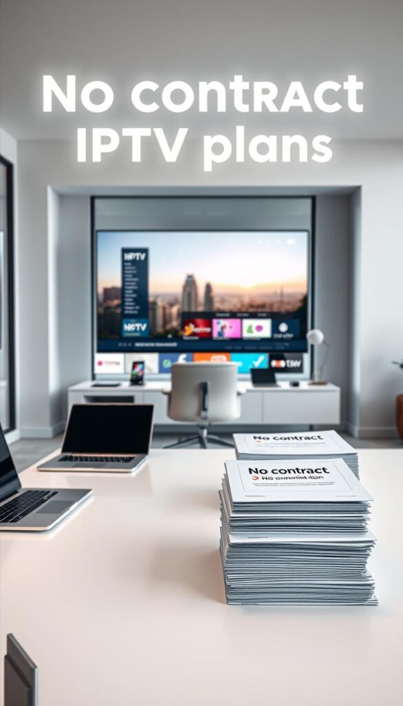 A modern, minimalist office scene showcasing the "no contract IPTV plans" offered by the Hoxtoon Provider. In the foreground, a sleek, minimalist desk with a laptop, tablet, and other tech accessories. On the desk, a stack of documents or brochures highlighting the "no contract" and "no commitment" IPTV plans. The middle ground features a comfortable chair and a large, frameless monitor displaying the Hoxtoon Provider's website or app interface. The background has clean, neutral-toned walls, with a large window letting in natural light and providing a view of a cityscape or serene outdoor landscape. The overall mood is professional, modern, and inviting, conveying the reliability and flexibility of Hoxtoon's IPTV services.