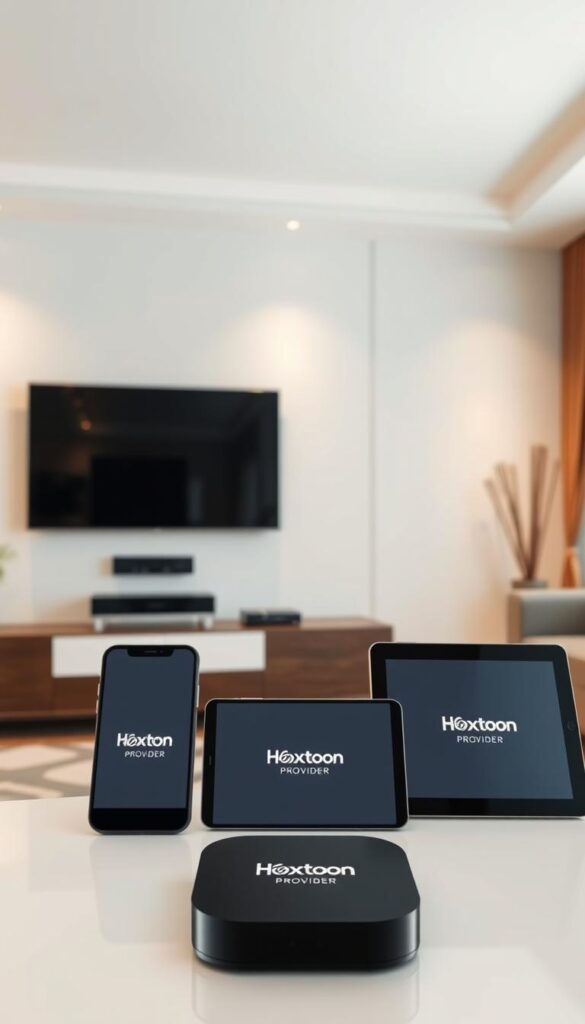 A modern, minimalist room interior with a large, flat-screen TV mounted on the wall. In the foreground, various smart devices such as a smartphone, tablet, and streaming box are arranged neatly, showcasing the "Hoxtoon Provider" logo. The devices are connected to the TV, demonstrating the multi-device support capabilities. The room is well-lit, with soft, indirect lighting creating a warm and inviting atmosphere. The background features clean, neutral-toned walls and subtle, geometric patterns, emphasizing the technological and contemporary feel. The overall composition highlights the versatility and seamless integration of the Hoxtoon platform across multiple devices.