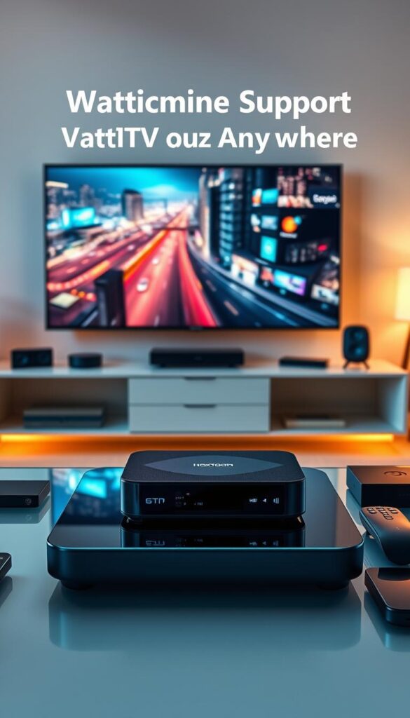 A modern, minimalist setup showcasing the compatibility of a Hoxtoon Provider IPTV device. The device sits atop a sleek, glass-topped table, flanked by various smart home devices and gadgets. Warm, directional lighting highlights the device's clean lines and intuitive interface. In the background, a large, high-definition TV displays a vibrant, cinematic scene, conveying the seamless integration and multi-device support of the Hoxtoon Provider IPTV solution. The overall scene exudes a sense of technological sophistication and effortless connectivity, capturing the essence of the "Multi-Device Support: Watching IPTV Anywhere" section.